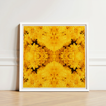 Vibrant Yellow Floral Artwork Sleek White Frame Symmetrical Behold Gold Rush, Entrancing Symphony, Trippy Chrysanthemum Art