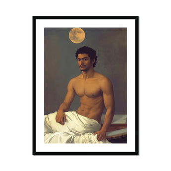 Gold Star - Gay Indian Neoclassical Art Print, Shirtless Figure Seated White Fabric Beneath Moon