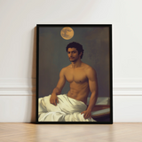Framed Portrait Muscular Man Dark Hair Mustache Depicted Moonlit Desire Beckons, Gay Indian Neoclassical, Art