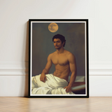 Framed Portrait Muscular Man White Fabric Set Dark Moonlit Desire Beckons, Gay Indian Neoclassical, Art