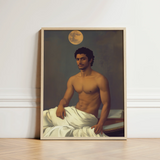 Framed Portrait Muscular Man Dark Curly Hair Depicted Moonlit Desire Beckons, Gay Indian Neoclassical, Art