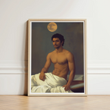 Framed Portrait Muscular Man Dark Hair Beard Depicted Moonlit Desire Beckons, Gay Indian Neoclassical, Art