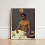 Framed Portrait Muscular Man Dark Hair Mustache Depicted Moonlit Desire Beckons, Gay Indian Neoclassical, Art