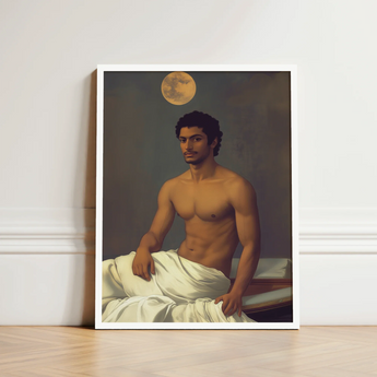 Framed Portrait Muscular Man Dark Hair Mustache Depicted Moonlit Desire Beckons, Gay Indian Neoclassical, Art