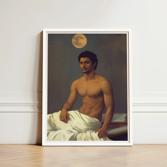 White-framed Portrait Muscular Man Dark Hair Beard Draped Moonlit Desire Beckons, Gay Indian Neoclassical, Art