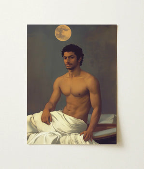 Framed Classical-style Portrait Muscular Man Dark Hair Beard Moonlit Desire Beckons, Gay Indian Neoclassical, Art