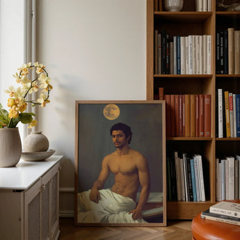 Gold Star - Gay Indian Neoclassical Art Print / Canvas Framed Portrait Muscular Man Dark Hair White Fabric Moonlit Desire Beckons, Gay