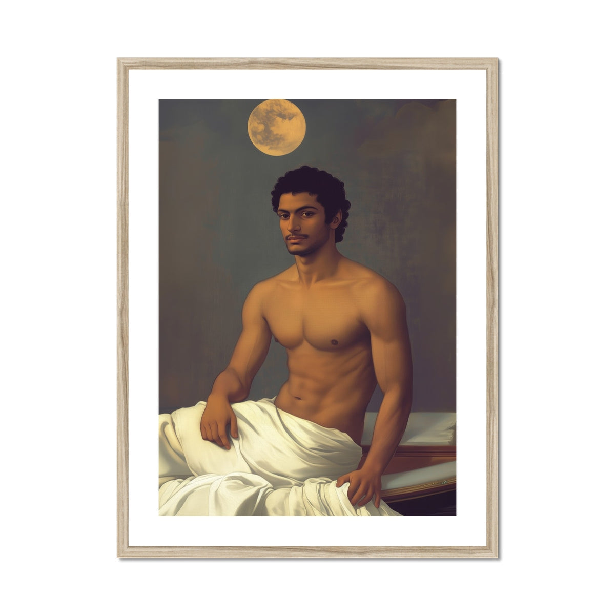 Gold Star Gay Indian Neoclassical Art Print, Classical Painting Shirtless Figure Draped White Fabric Seated