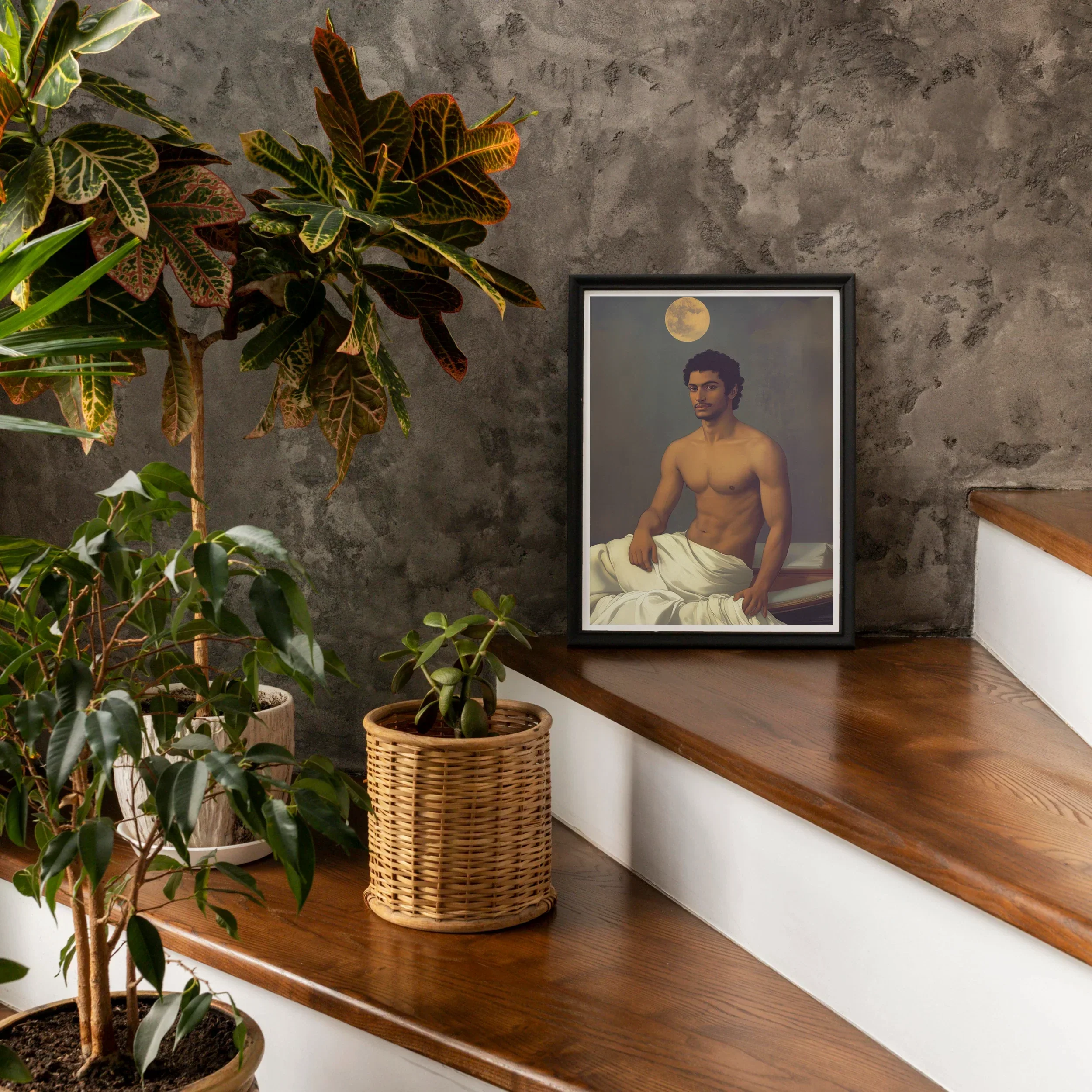 Gold Star Gay Indian Neoclassical Art Print, Framed Photograph Shirtless Person Dark Background Moon Visible