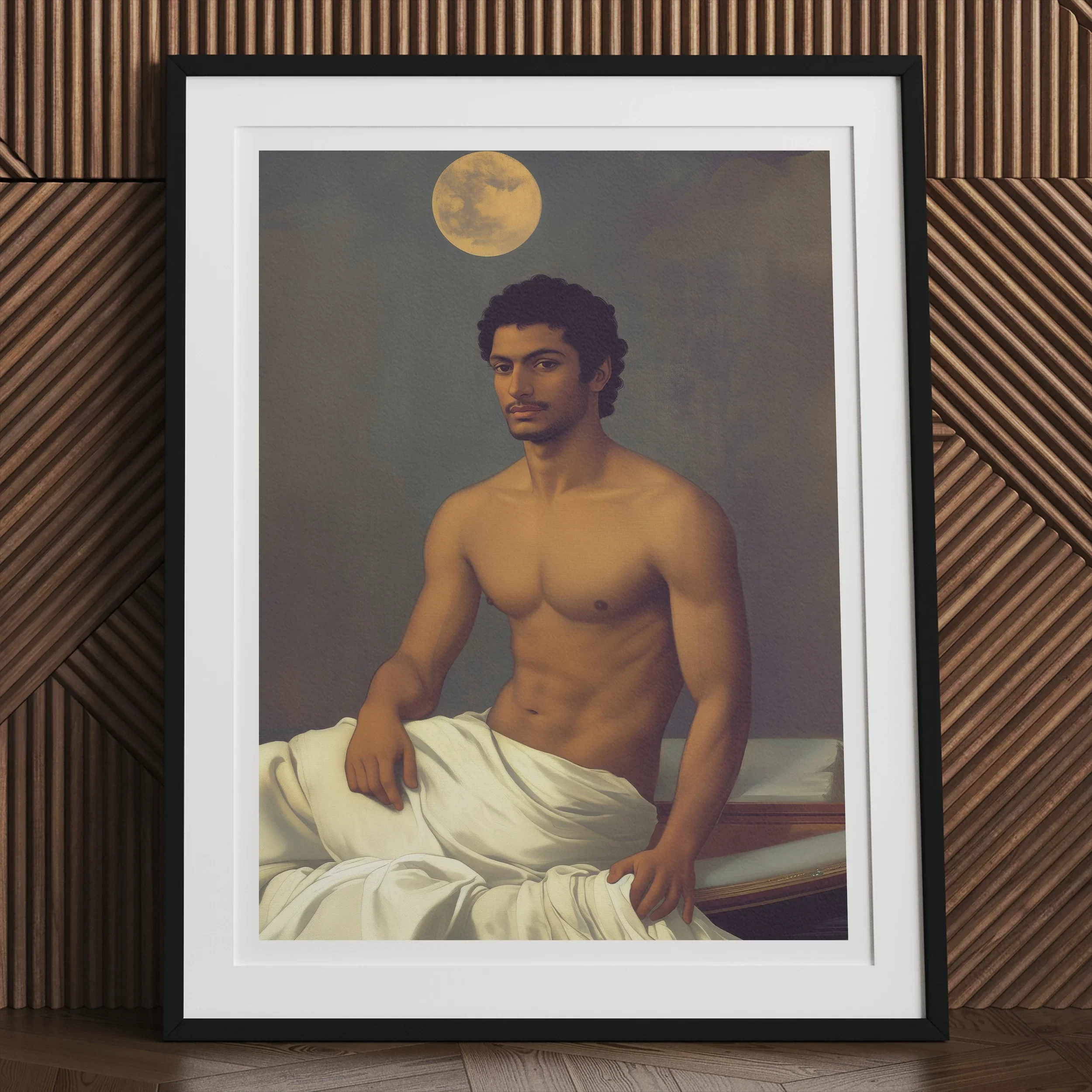 Gold Star - Gay Indian Neoclassical Art Print, Framed Portrait Shirtless Man Moon Background