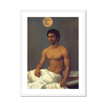 Gold Star - Gay Indian Neoclassical Art Print, Shirtless Figure Draped White Fabric Sits Beneath Moon
