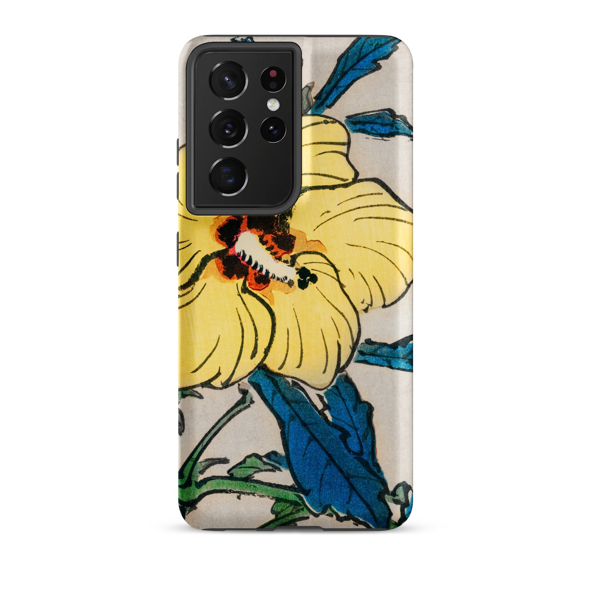 Golden Hibiscus Kōno Bairei Floral Samsung Case, Galaxy S21 Ultra / Matte, Smartphone White Case Yellow Hibiscus Flower Blue Leaves