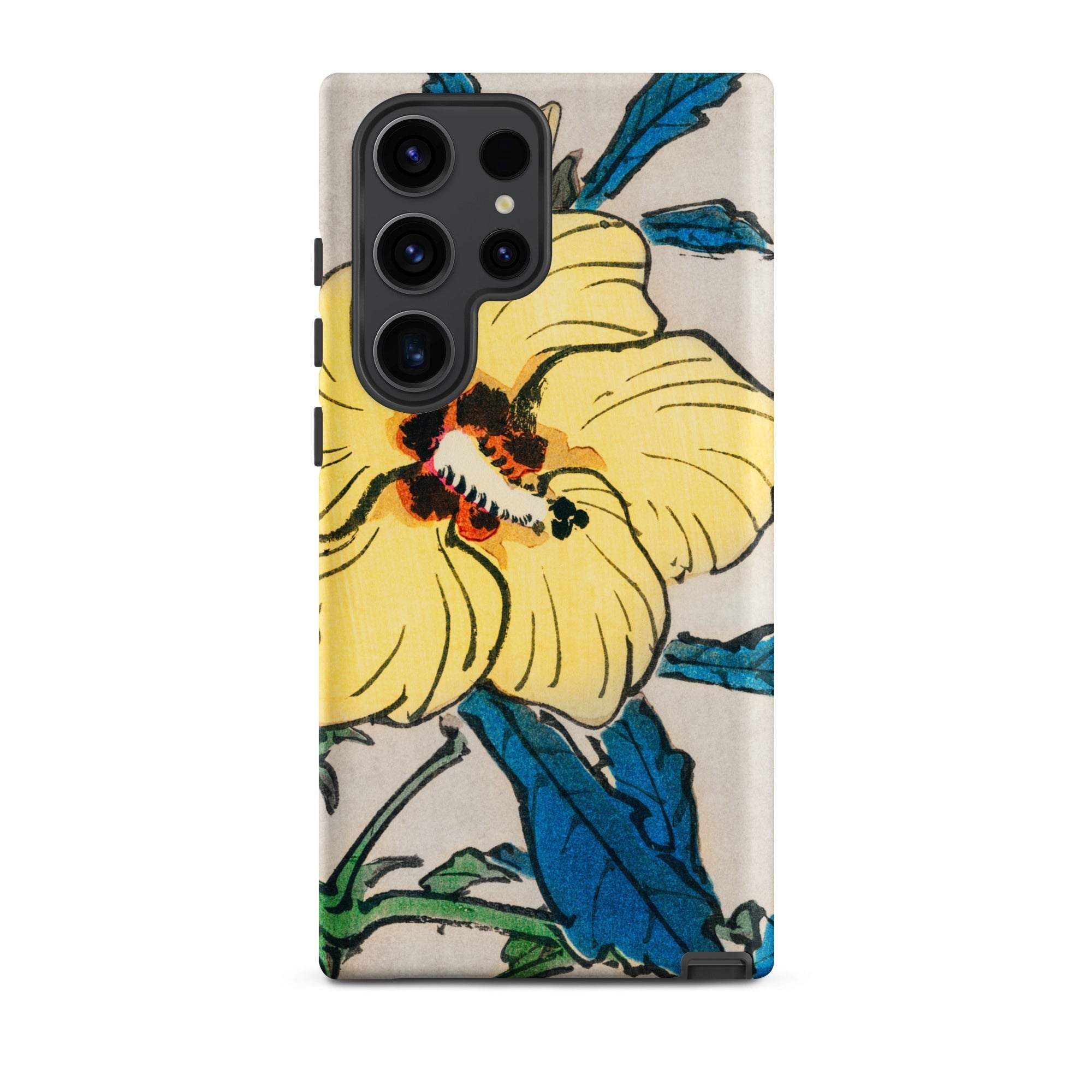 Golden Hibiscus Kōno Bairei Floral Samsung Case, Galaxy S23 Ultra / Matte, Phone Case Yellow Hibiscus Flower Blue Leaves Light