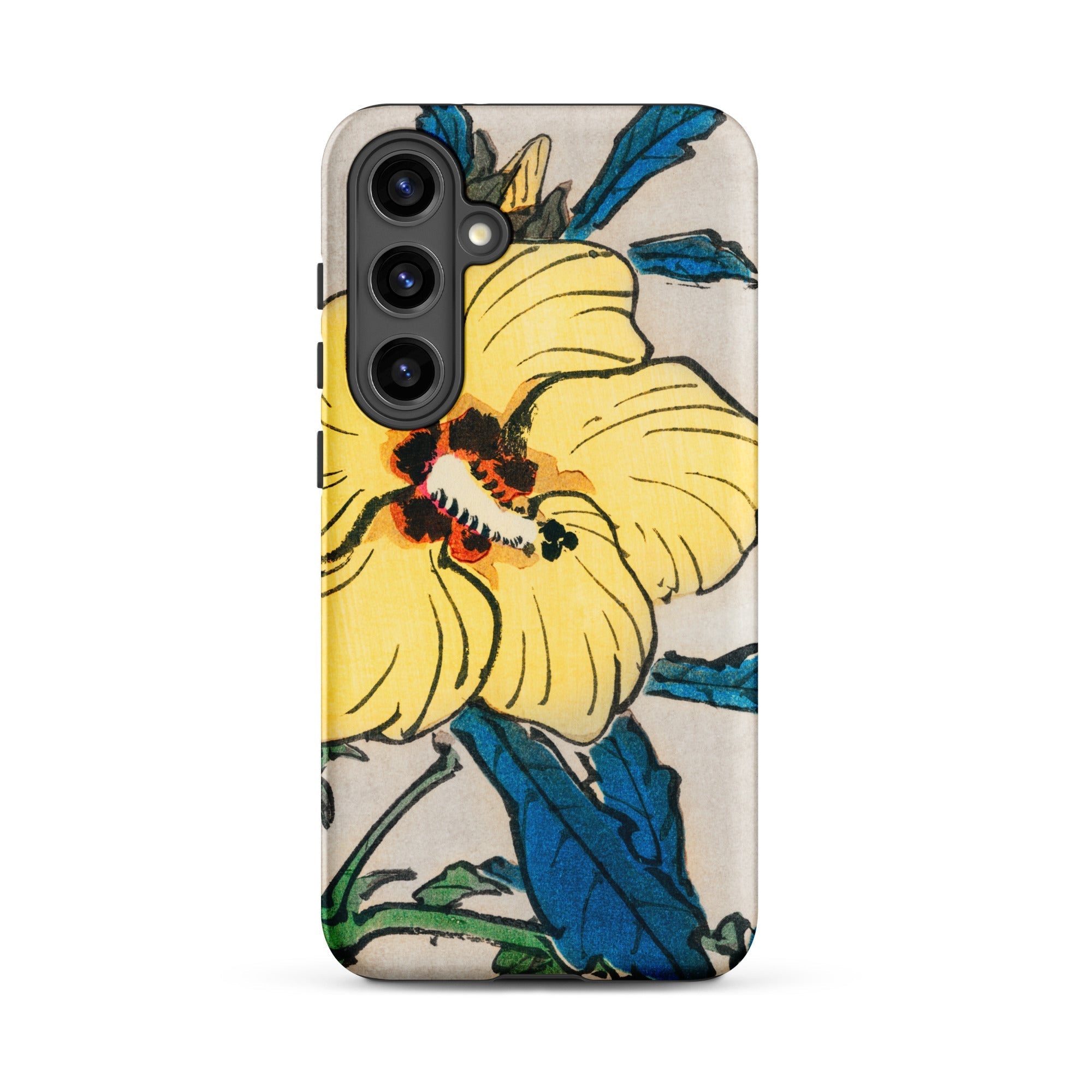 Golden Hibiscus Kōno Bairei Floral Samsung Case, Galaxy S24 Plus / Matte, Smartphone Case Yellow Hibiscus Flower Illustration Blue Leaves