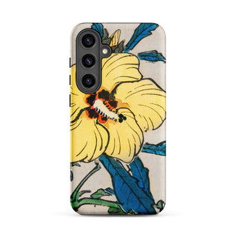 Golden Hibiscus - Kōno Bairei Floral Samsung Case, Galaxy S24 Plus / Matte, Smartphone Case Yellow Hibiscus Flower Illustration Blue Leaves