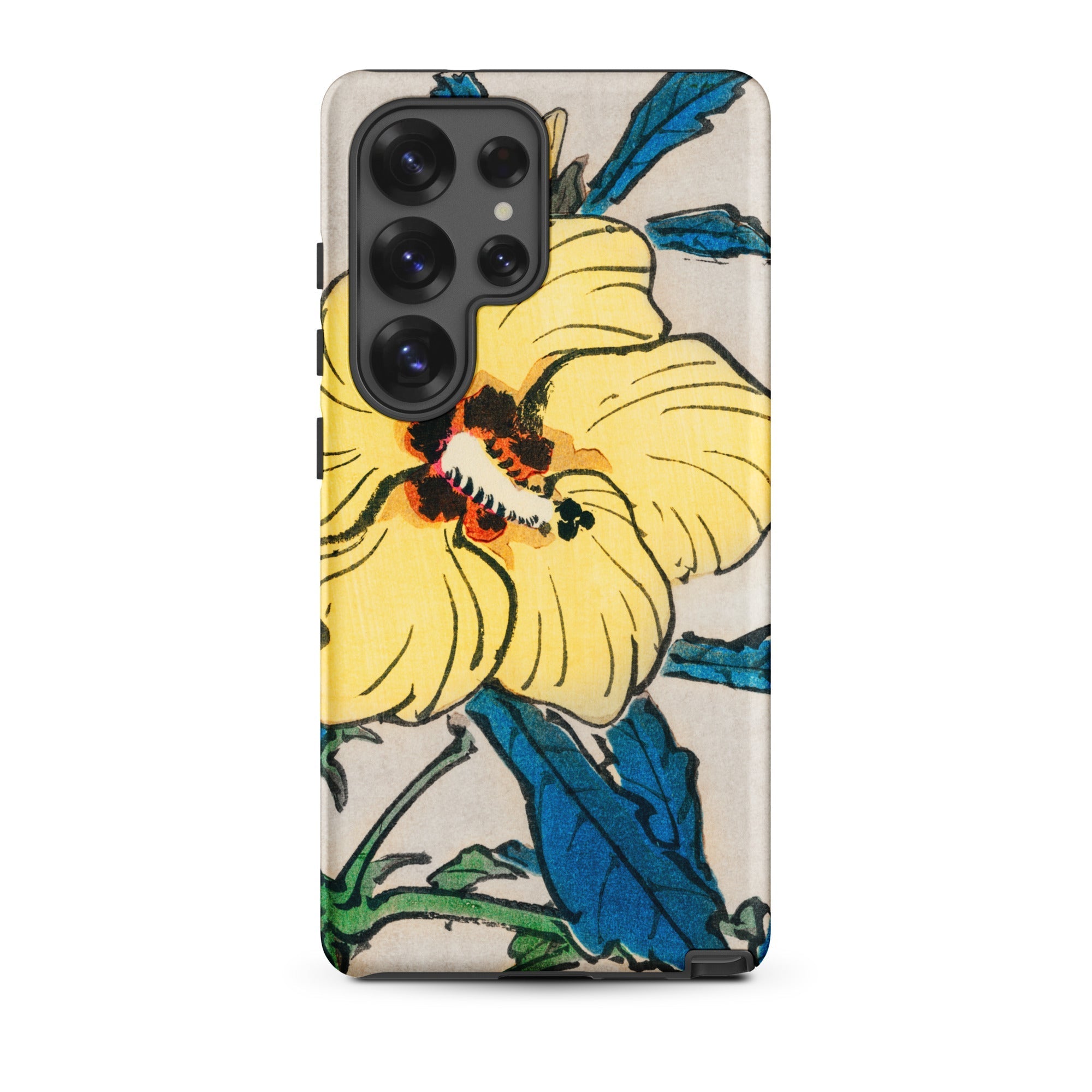 Golden Hibiscus Kōno Bairei Floral Samsung Case, Galaxy S25 Ultra / Matte, Phone Case Vibrant Yellow Hibiscus Flower Blue Leaves