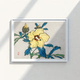 Framed Japanese-style Print Vibrant Yellow Hibiscus Flower Deep Kōno Bairei’s Golden, Meiji-era Kacho-e Masterwork, Bairei Meiji Era