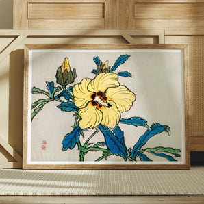 Golden Hibiscus - Kōno Bairei Meiji Era Art Print, Framed Artwork Yellow Hibiscus Flower Blue Leaves Traditional