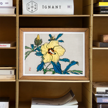 Golden Hibiscus - Kōno Bairei Meiji Era Art Print, Framed Watercolor Artwork Yellow Hibiscus Flower Blue-green Leaves