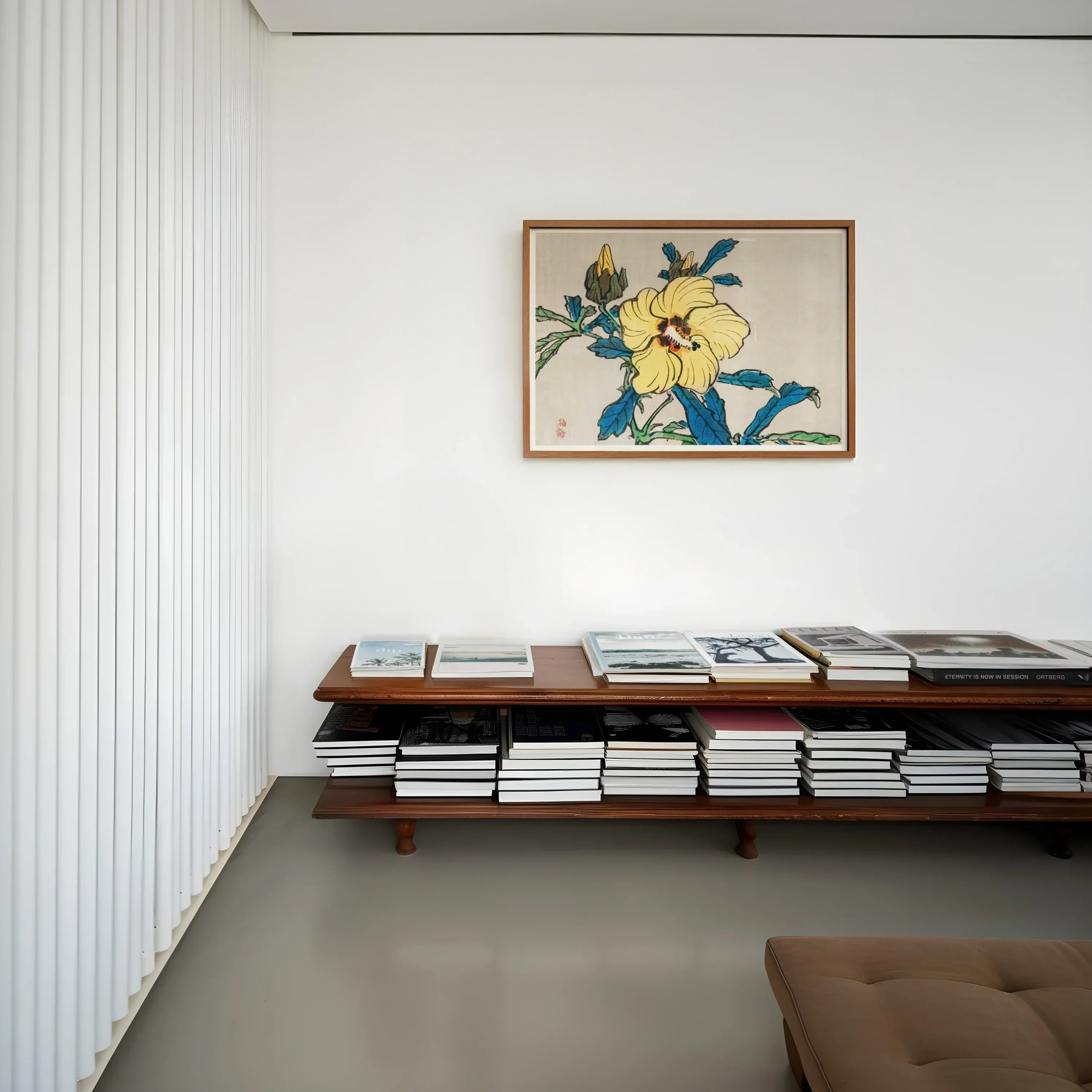Golden Hibiscus - Kōno Bairei Meiji Era Art Print, Wooden Bench Stacked Books Floral Artwork Mounted