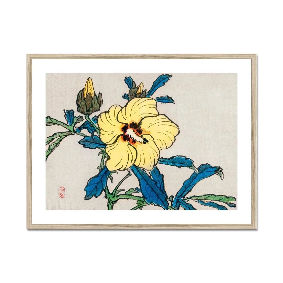 Golden Hibiscus Kōno Bairei Meiji Era Art Print, Yellow Hibiscus Flower Blue Green Leaves Japanese Woodblock Print
