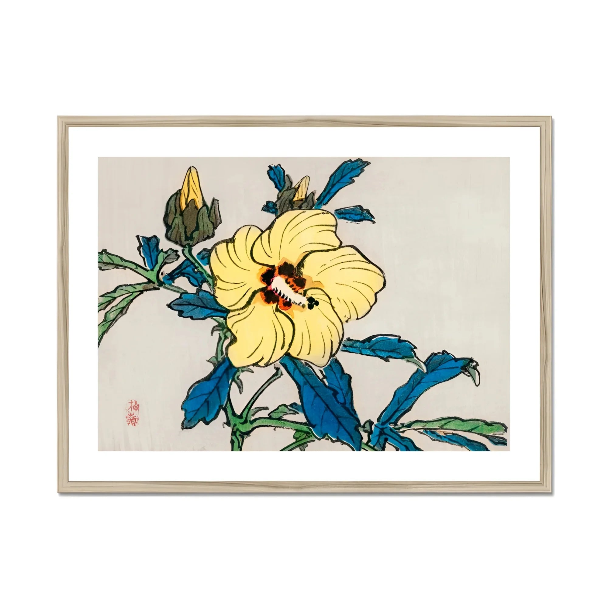 Golden Hibiscus - Kōno Bairei Meiji Era Art Print, Yellow Hibiscus Flower Blue-green Leaves Japanese Woodblock Print