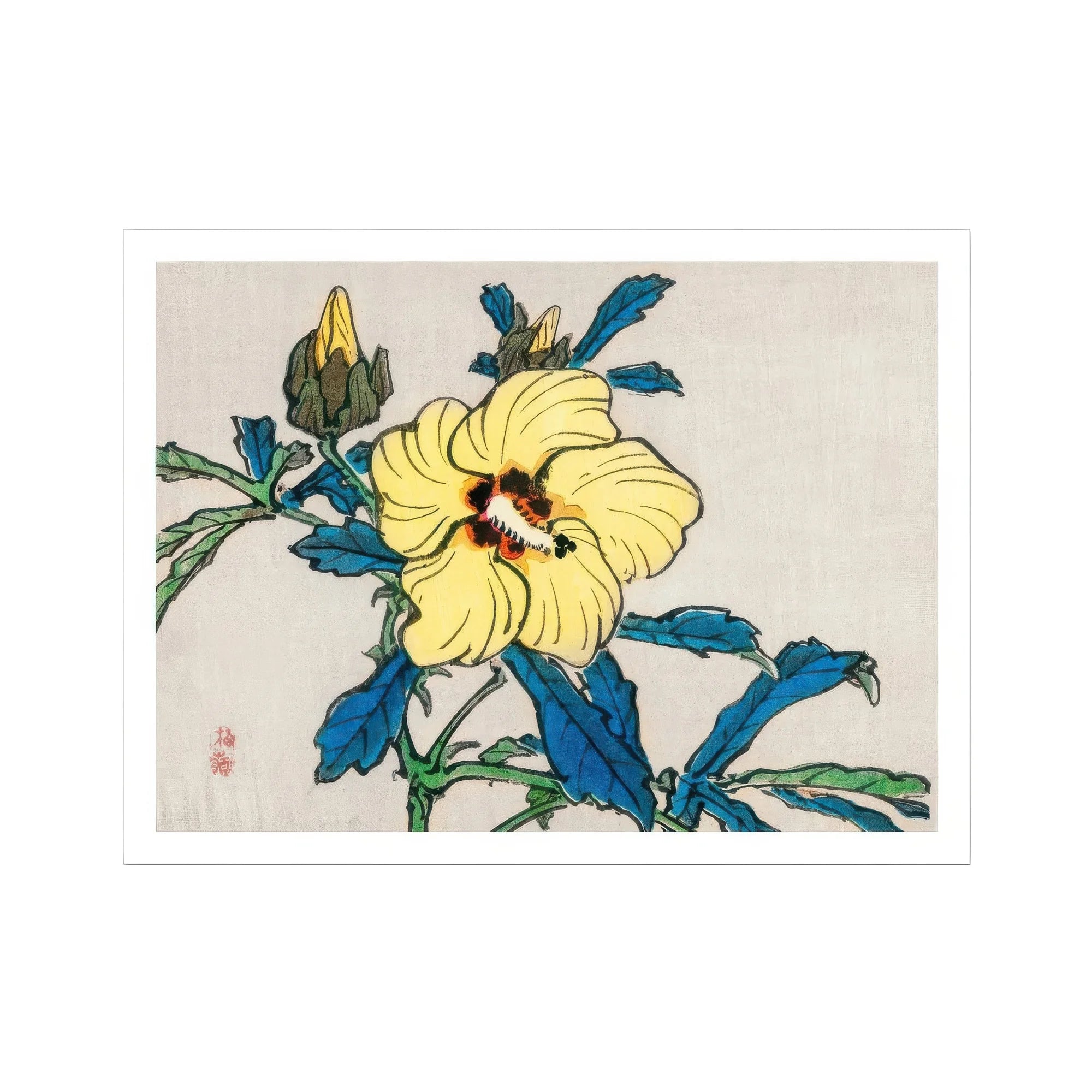 Golden Hibiscus - Kōno Bairei Meiji Era Art Print, Yellow Hibiscus Flower Blue Leaves Bud