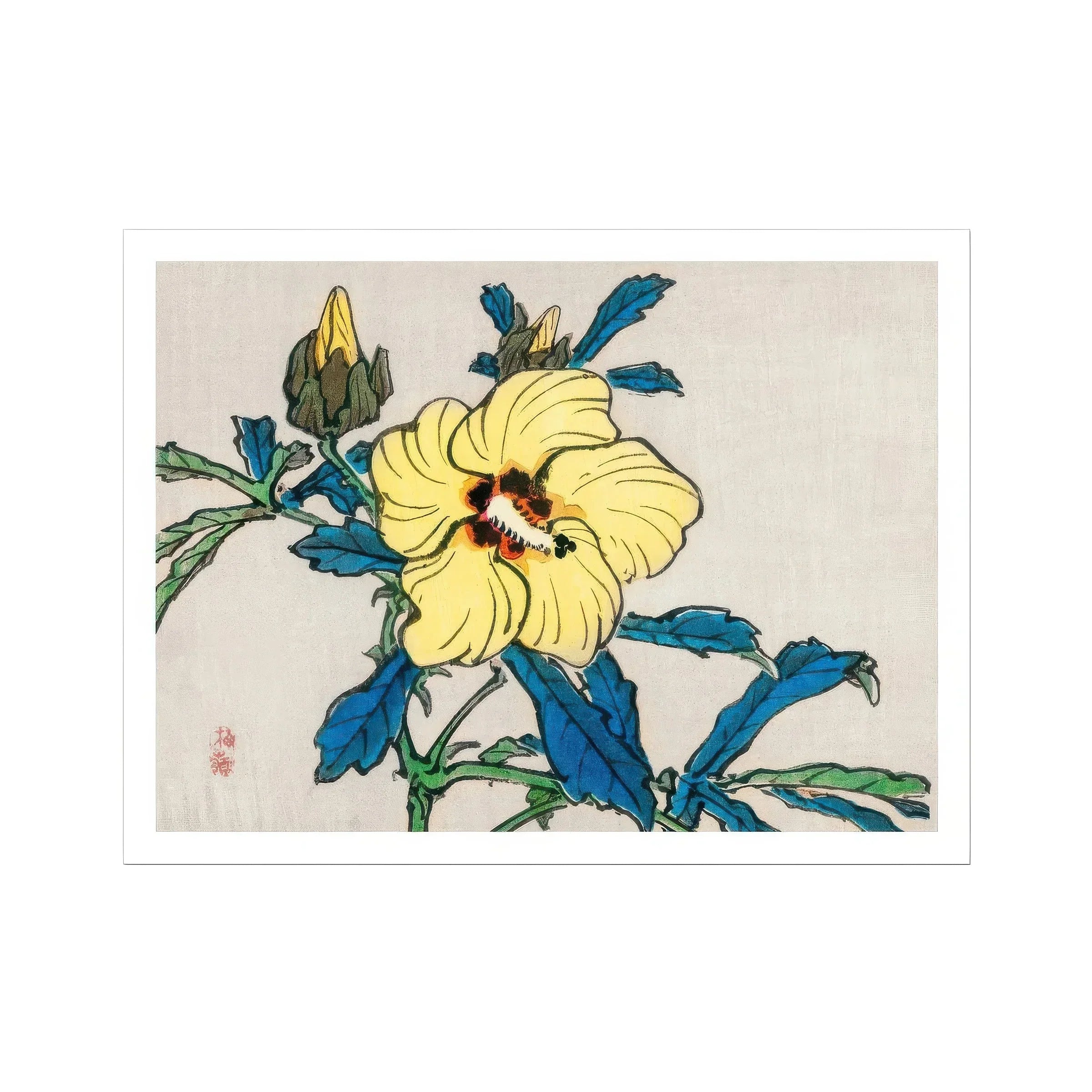 Golden Hibiscus - Kōno Bairei Meiji Era Art Print, Yellow Hibiscus Flower Blue Leaves Bud