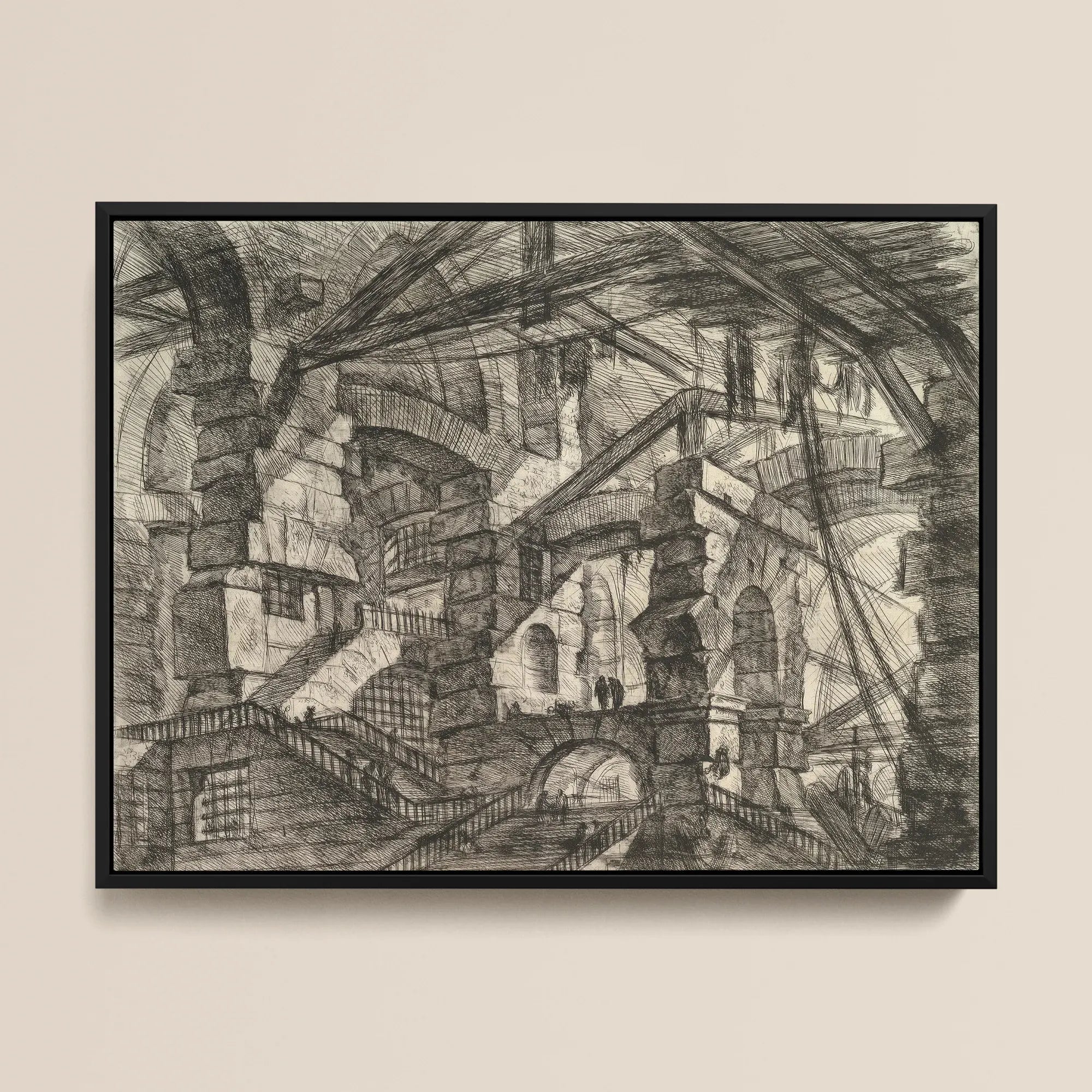 The Gothic Arch - Giovanni Battista Piranesi Framed Canvas, 16x12’’ / 41x31cm / Black Floating Frame, Framed Intricate Pen Ink