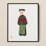 Framed Watercolor Painting Elderly Woman Traditional Chinese Attire Qing Dynasty Manchu, Fashion Art, Matriarchy