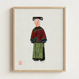 Framed Watercolor Illustration Elderly Woman Traditional Chinese Attire Qing Dynasty Manchu, Fashion Art, Matriarchy