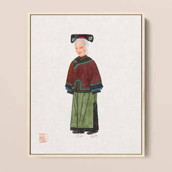 Framed Watercolor Painting Elderly Woman Traditional Chinese Attire Qing Dynasty Manchu, Fashion Art, Matriarchy