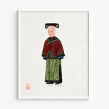 Framed Watercolor Illustration Elderly Woman Traditional Chinese Attire Qing Dynasty Manchu, Fashion Art, Matriarchy