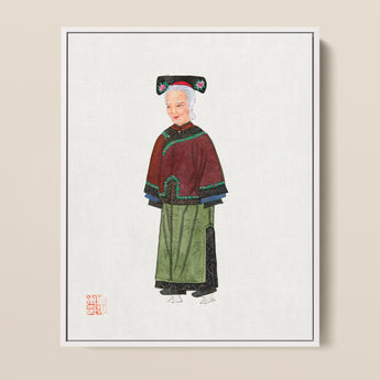 Watercolor Painting Elderly Woman Traditional Chinese Attire Maroon Qing Dynasty Manchu, Fashion Art, Matriarchy