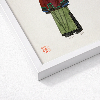Framed Traditional Chinese Painting Figure Layered Garments Red Qing Dynasty Manchu, Fashion Art, Matriarchy