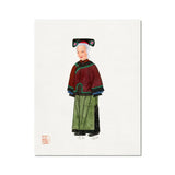Grand Dame - Manchu Fashion Art Print, Traditional Chinese Watercolor Painting Person Burgundy Cape Green