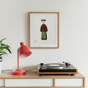 Grand Dame - Manchu Fashion Art Print, Turntable Wooden Base Black Platter Sits Red Desk