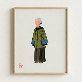 Framed Illustration Elderly Woman Traditional Chinese Attire Green Qing Dynasty Manchu, Fashion, Art