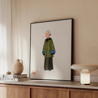 Grand Dame - Qing Dynasty Art Print / Canvas Framed Portrait Elderly Woman Traditional Green Blue Attire Qing Dynasty Manchu, Manchu