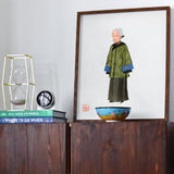 Grand Dame - Qing Dynasty Art Print, Framed Watercolor Artwork Figure Traditional Asian Robes Green