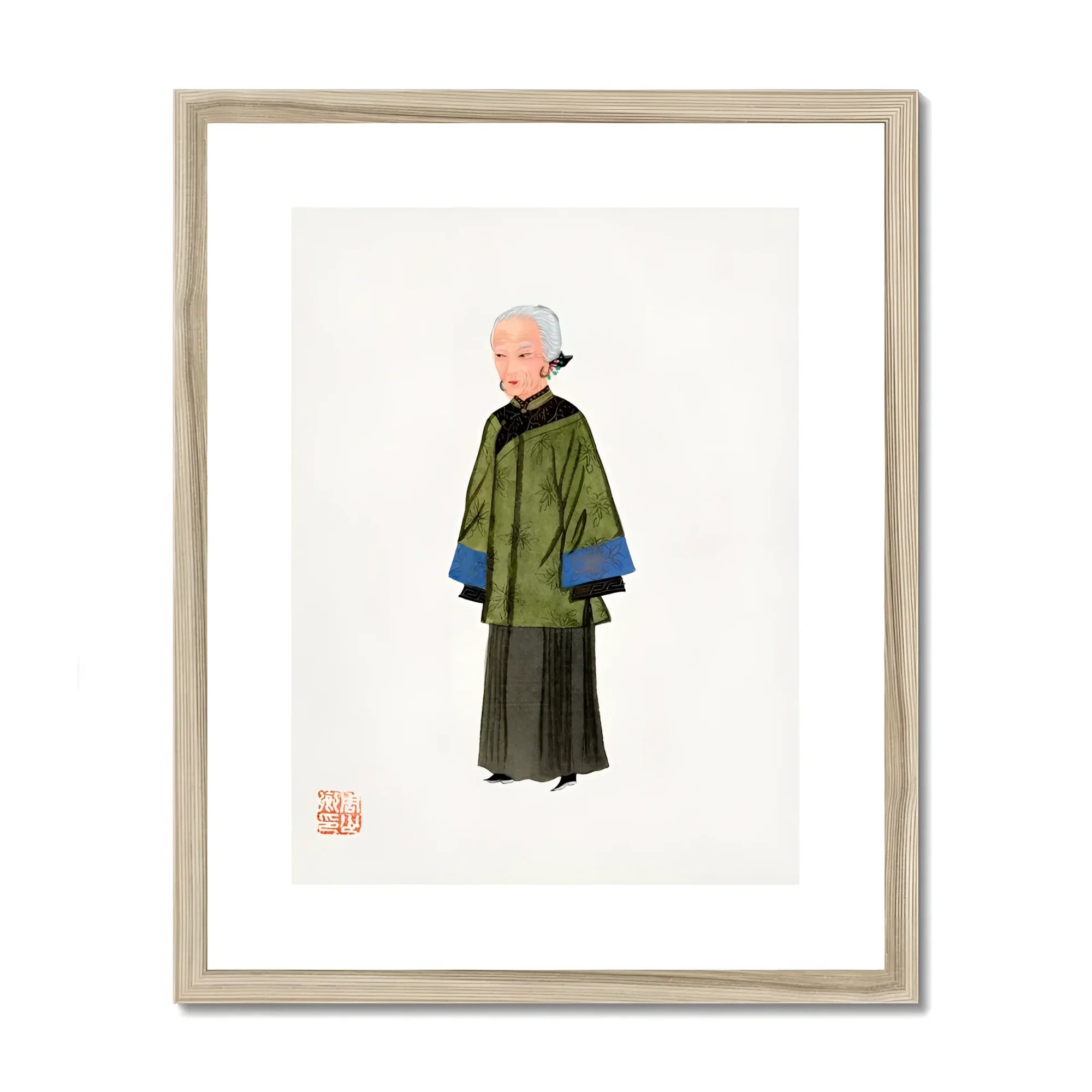 Grand Dame - Qing Dynasty Art Print, Illustration Buddhist Monk Traditional Green Robes Blue Sleeves