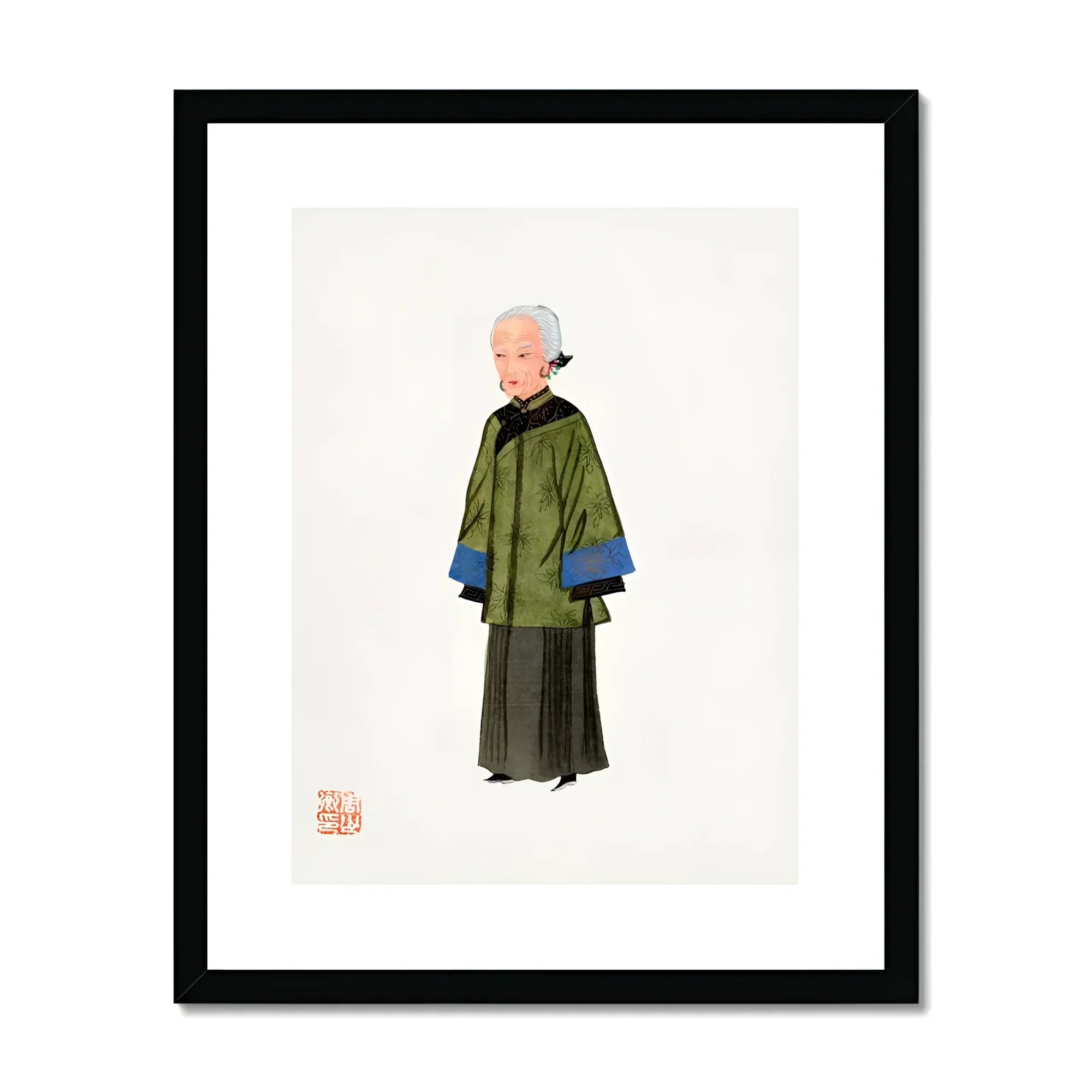 Grand Dame - Qing Dynasty Art Print, Simple Illustration Buddhist Monk Traditional Green Robes Blue