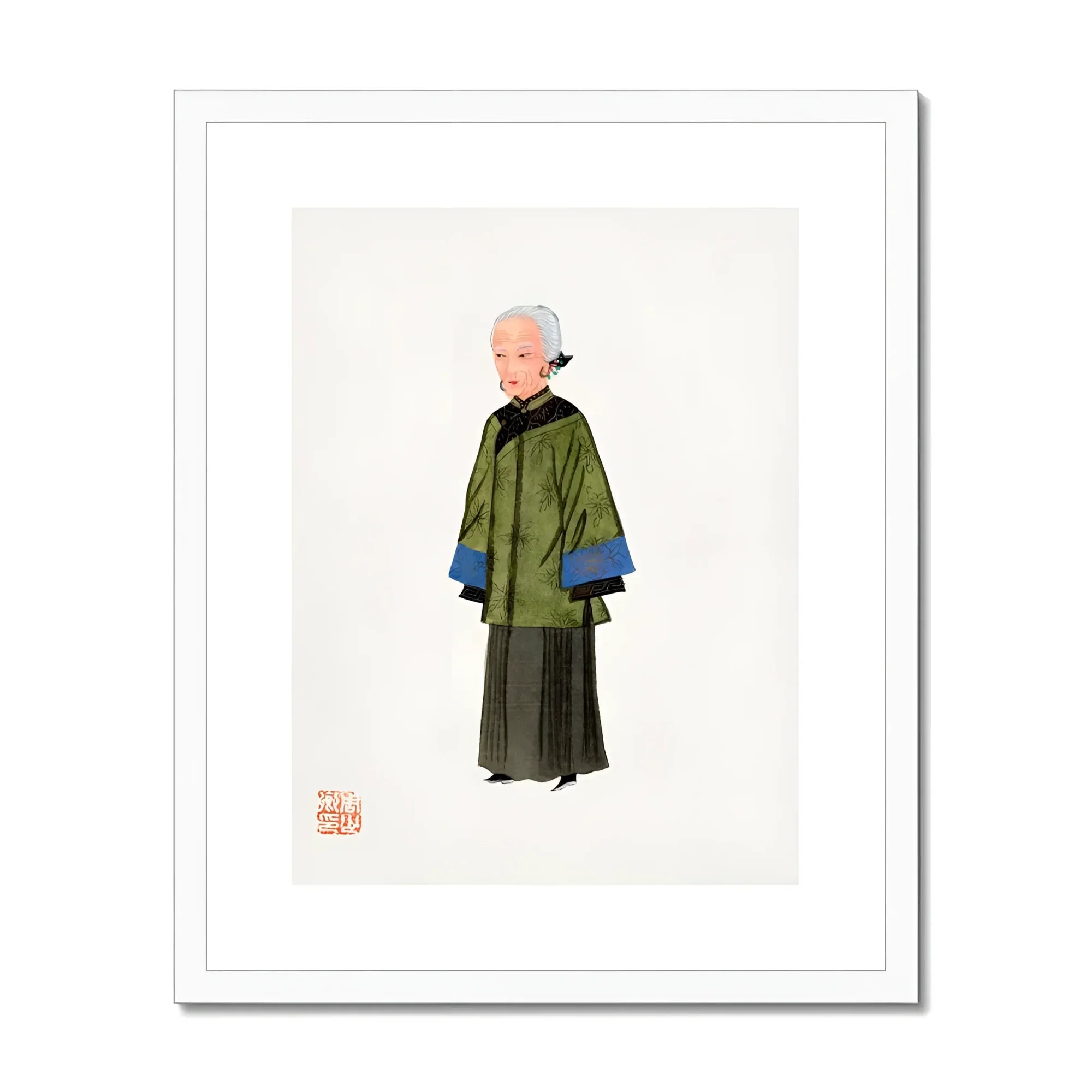 Grand Dame - Qing Dynasty Art Print, Simple Illustration Figure Traditional Japanese Clothing Green Hakama