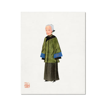 Grand Dame - Qing Dynasty Art Print, Simple Illustration Person Green Traditional Chinese Jacket Dark