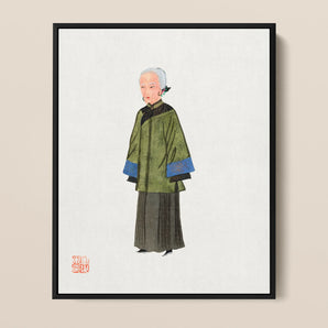 Grand Dame - Qing Dynasty Fashion Framed Canvas, Framed Illustration Elderly Chinese Woman Traditional Green Blue