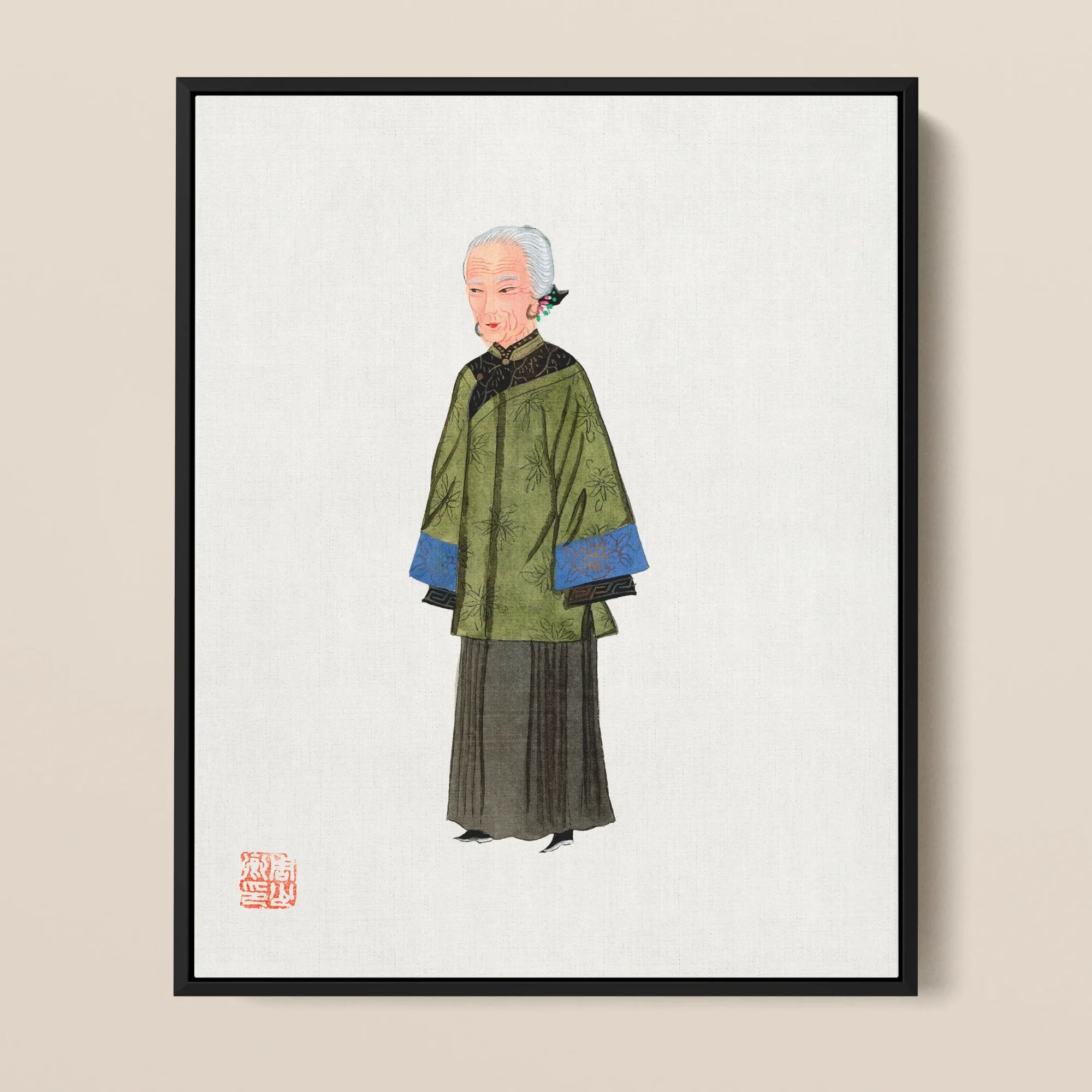 Grand Dame - Qing Dynasty Fashion Framed Canvas, Framed Illustration Elderly Chinese Woman Traditional Green Blue