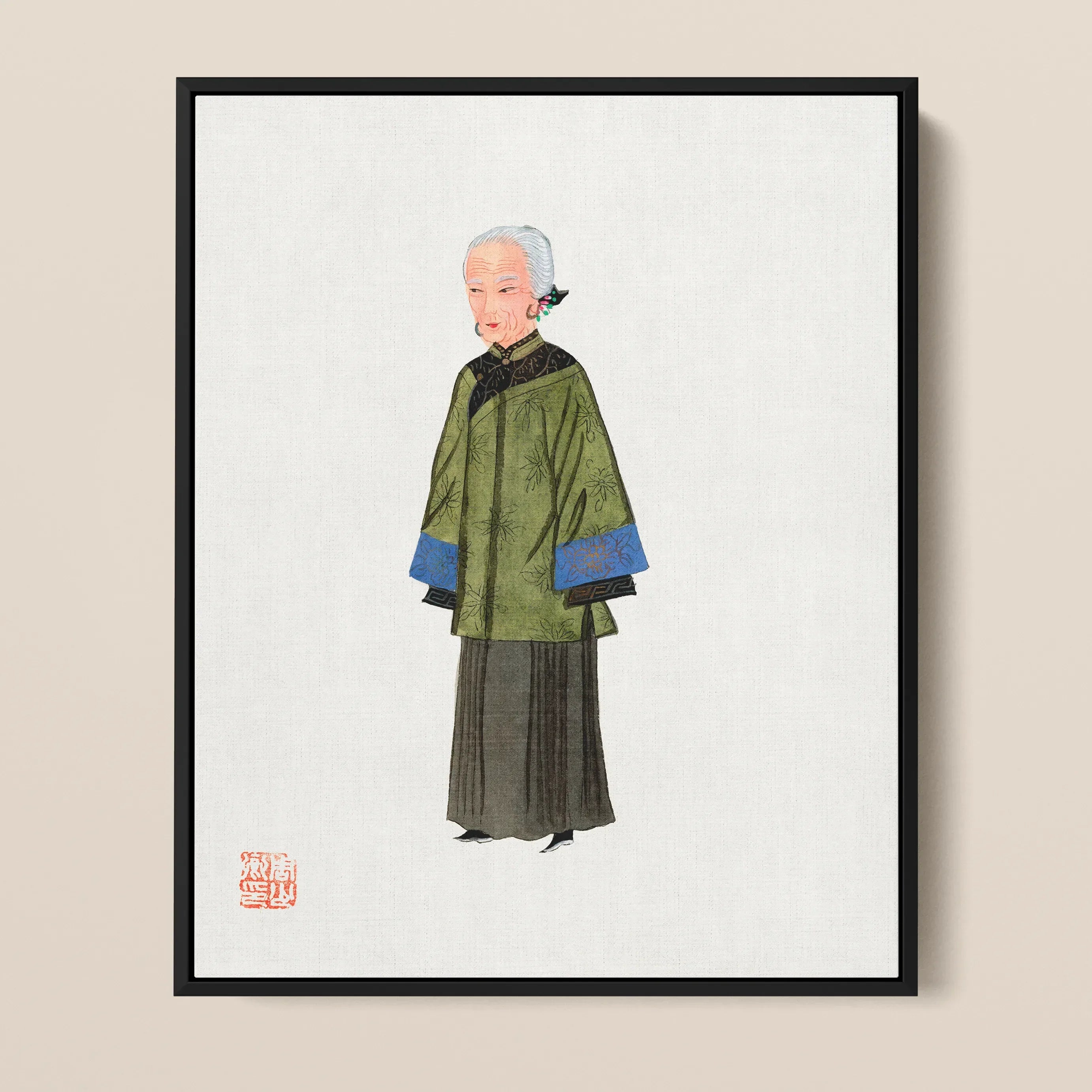 Grand Dame Qing Dynasty Fashion Framed Canvas, Framed Illustration Elderly Chinese Woman Traditional Green Blue