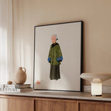 Grand Dame - Qing Dynasty Fashion Framed Canvas, Framed Illustration Figure Green Coat Traditional Japanese Hakama