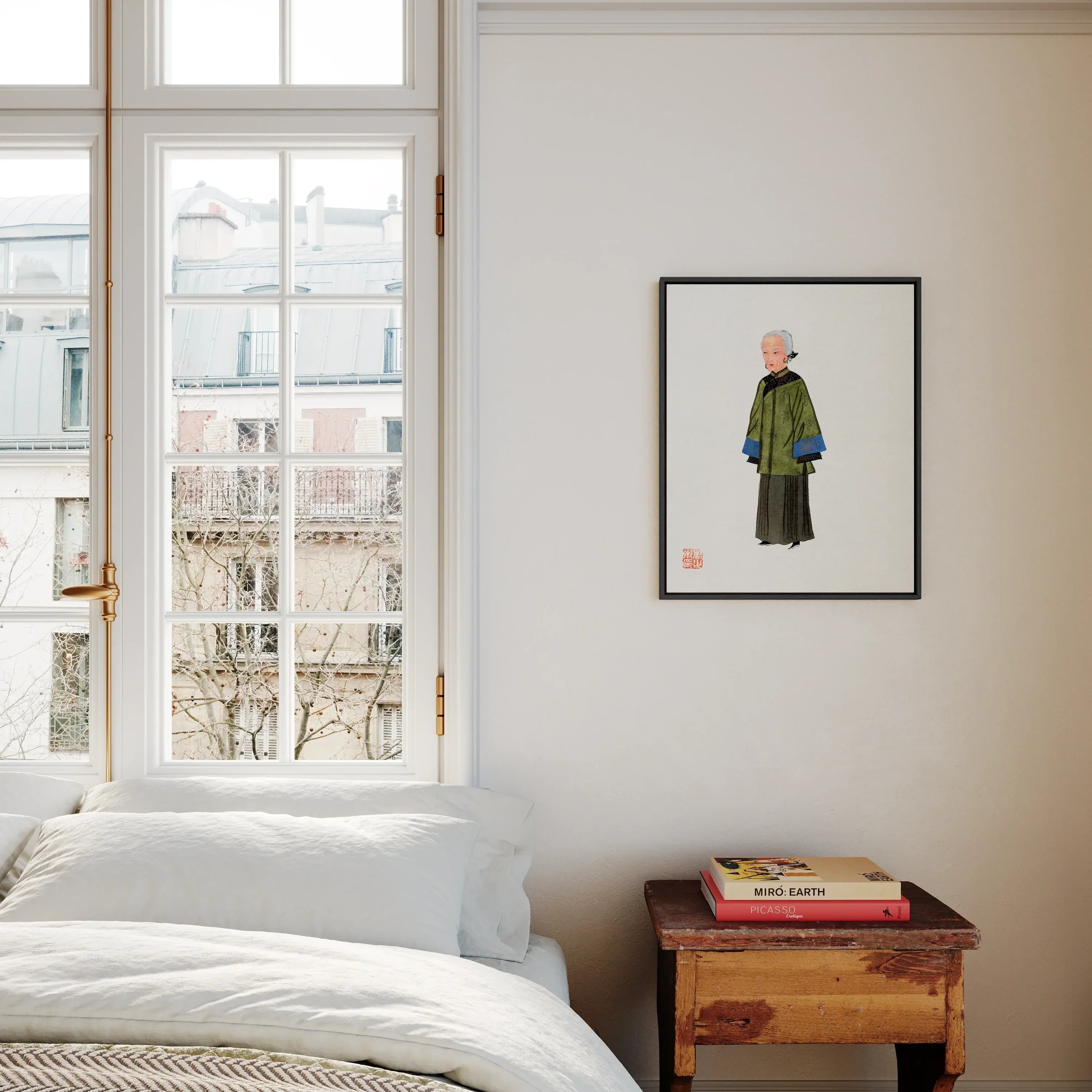 Grand Dame Qing Dynasty Fashion Framed Canvas, Minimalist Bedroom White Bedding Wooden Table Framed Artwork