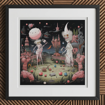 Grand Day out - Creepy Lowbrow Surreal Art Print, 12x12’’ / 31x31cm / Black Frame / 2’’ Matboard, Framed Whimsical Illustration Skeletal